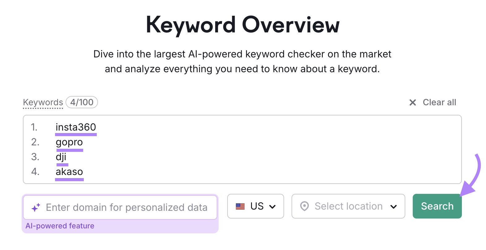 Keyword Overview with four competing brands entered and "Search" clicked.