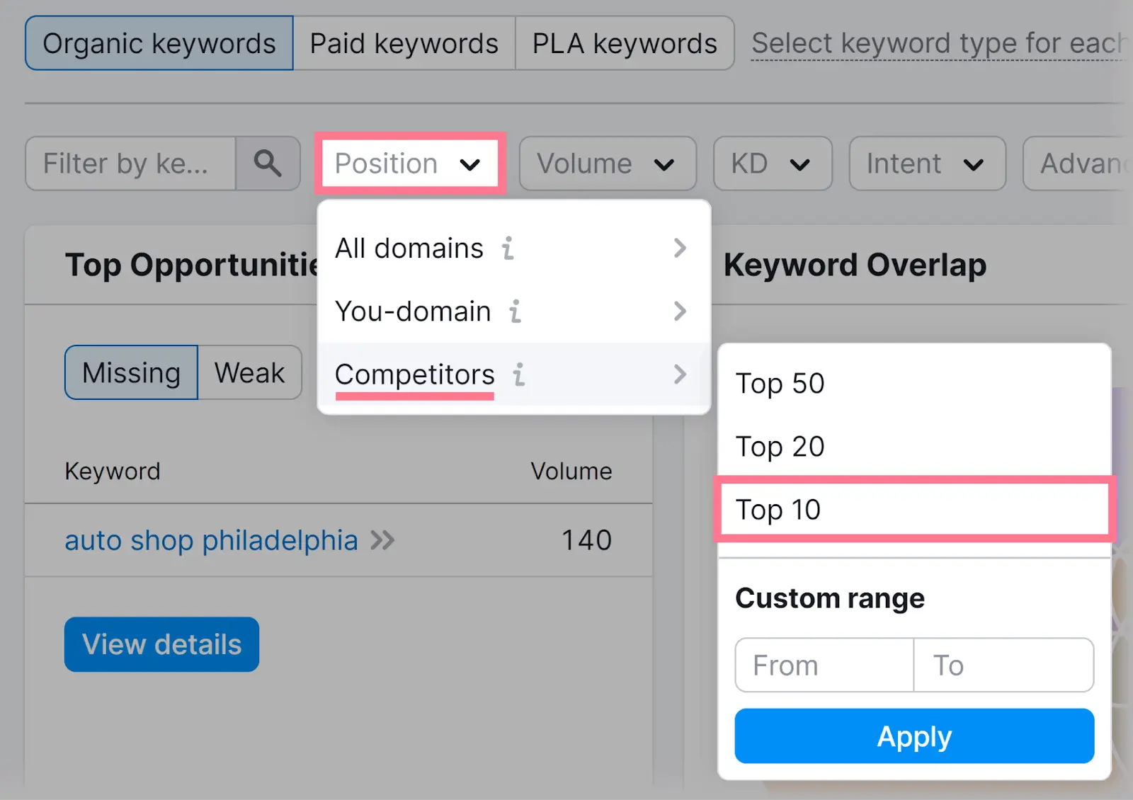 Position filter set to Competitors with Top 10 ranking selected from dropdown.