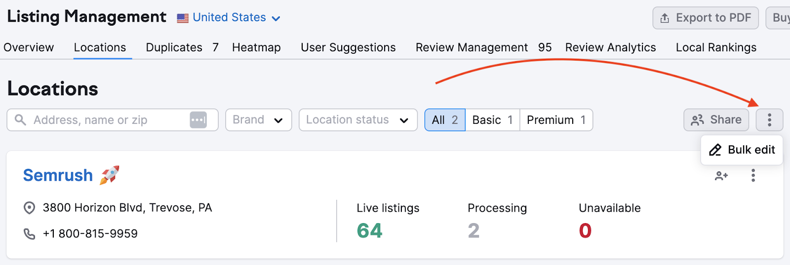 Semrush Local’s bulk editing tool