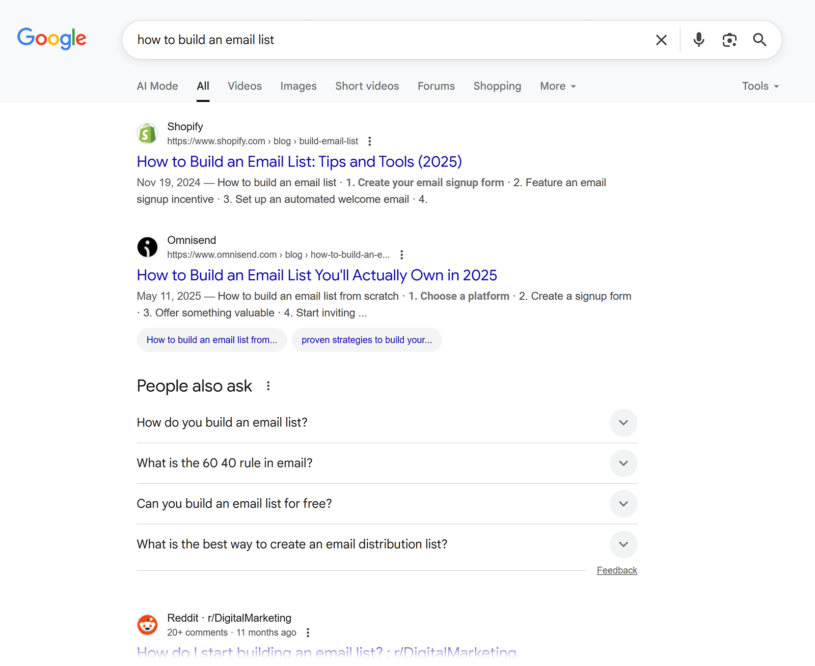 Search results for “how to build an email list” with first result from Shopify