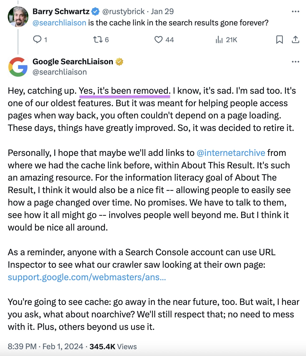 Google Search Liaison's post on X confirming that the search engine had removed the “Cached” links from its SERPs