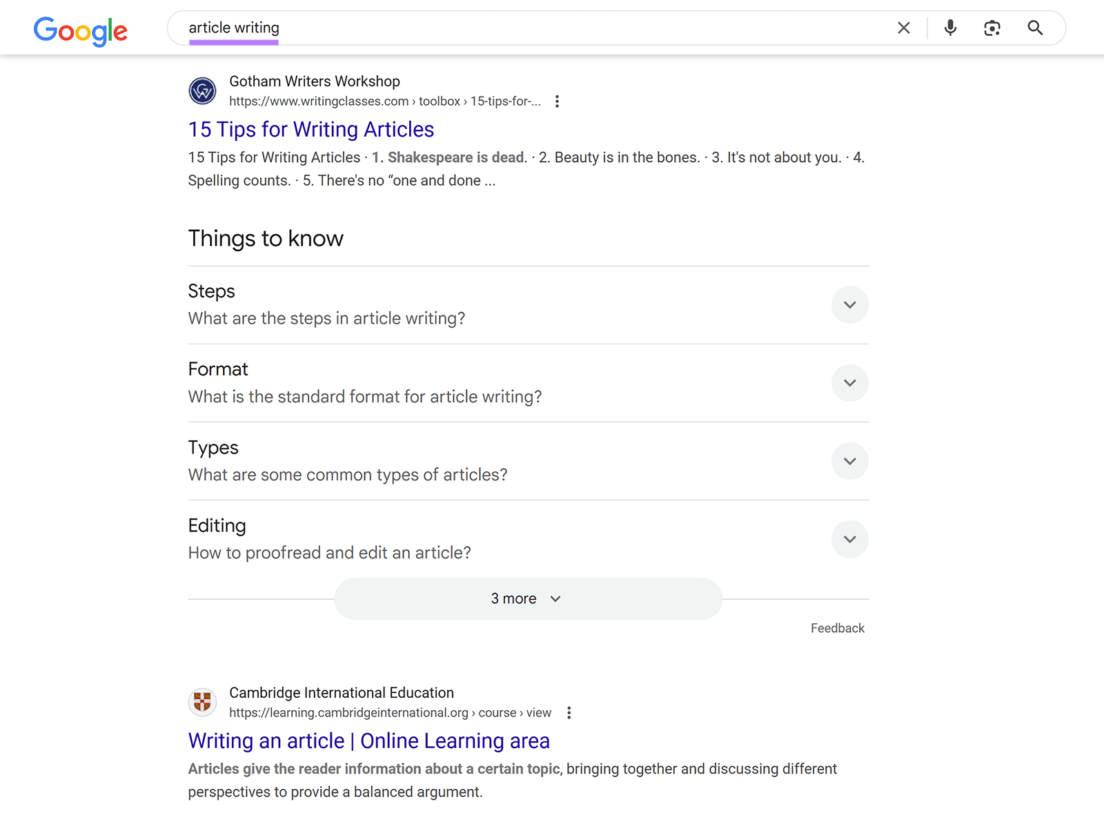 Google search results for “article writing”