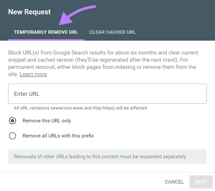 “Temporarily Remove URL” tab