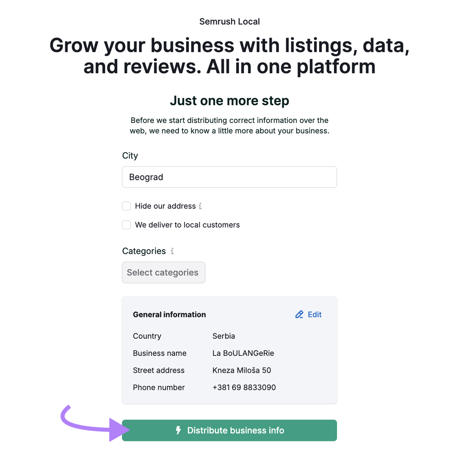 Semrush form with city, categories, and business info. Purple arrow points to ‘Distribute business info’