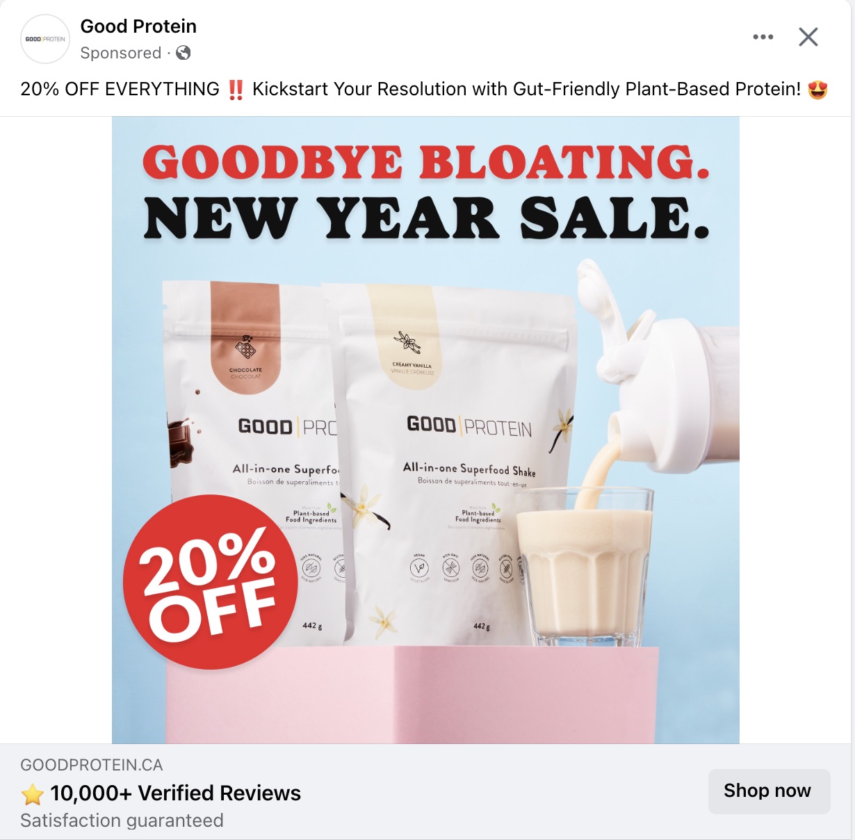 Facebook image ad by Good Protein, showing their protein shakes at 20% off