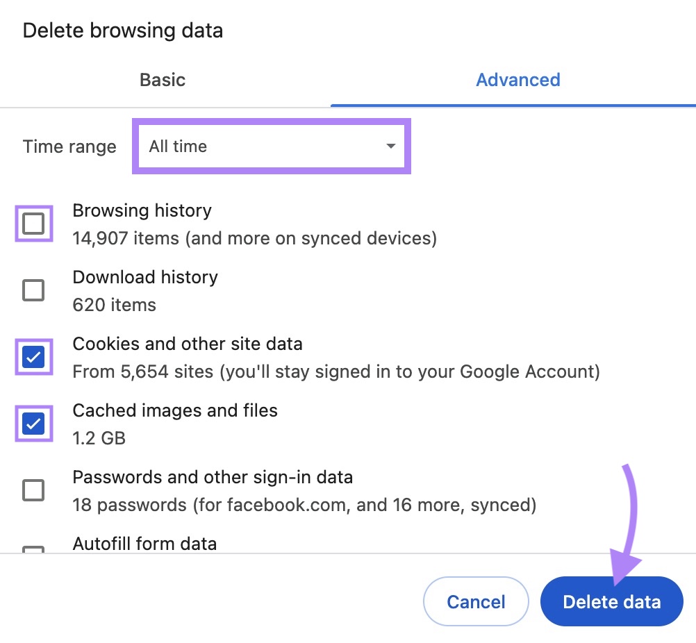 The "Delete browsing data" window on Chrome with "Delete data" clicked.