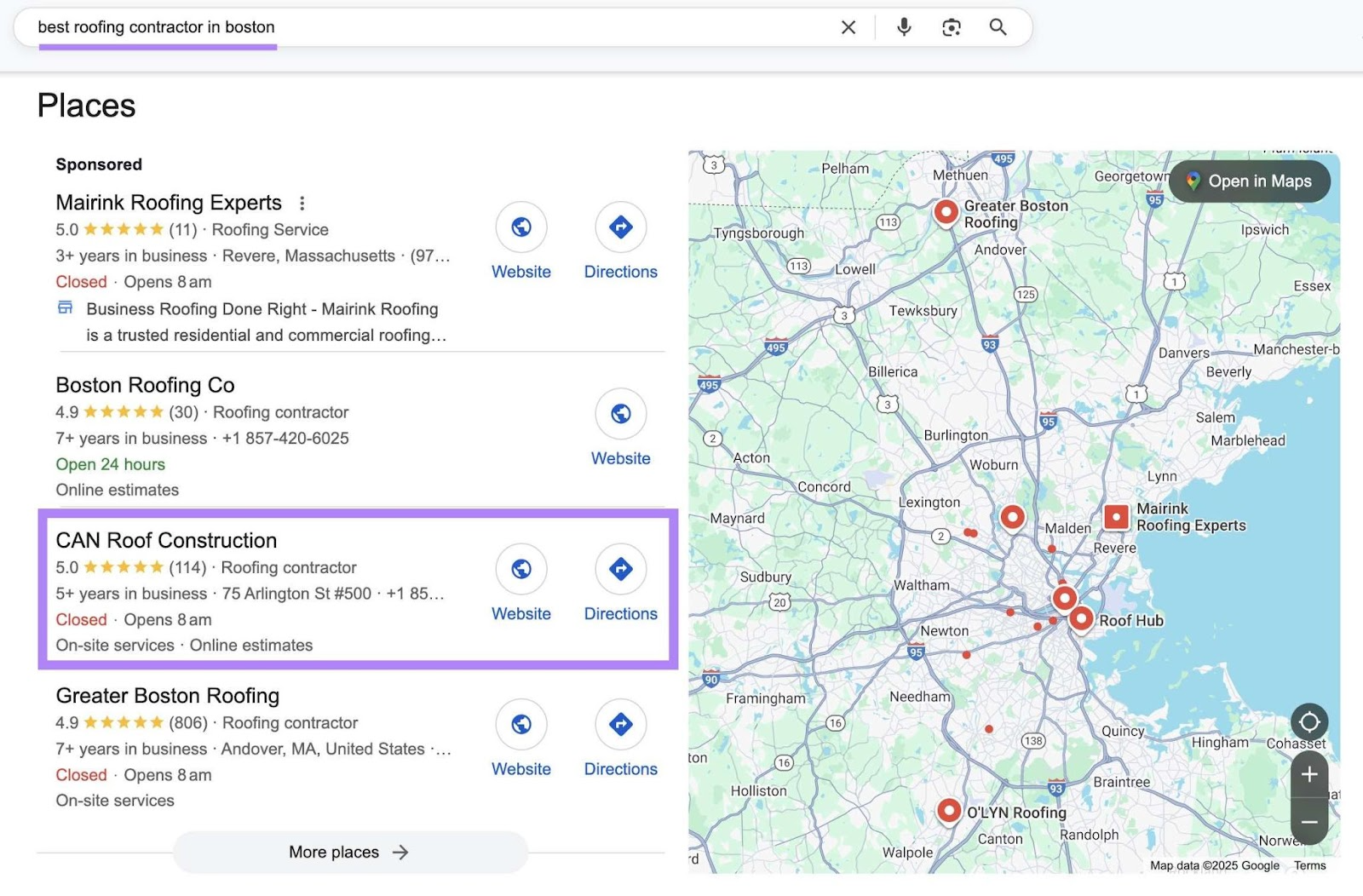 Google SERP for the term “best roofing contractor in boston” with a listing highlighted on the local pack.