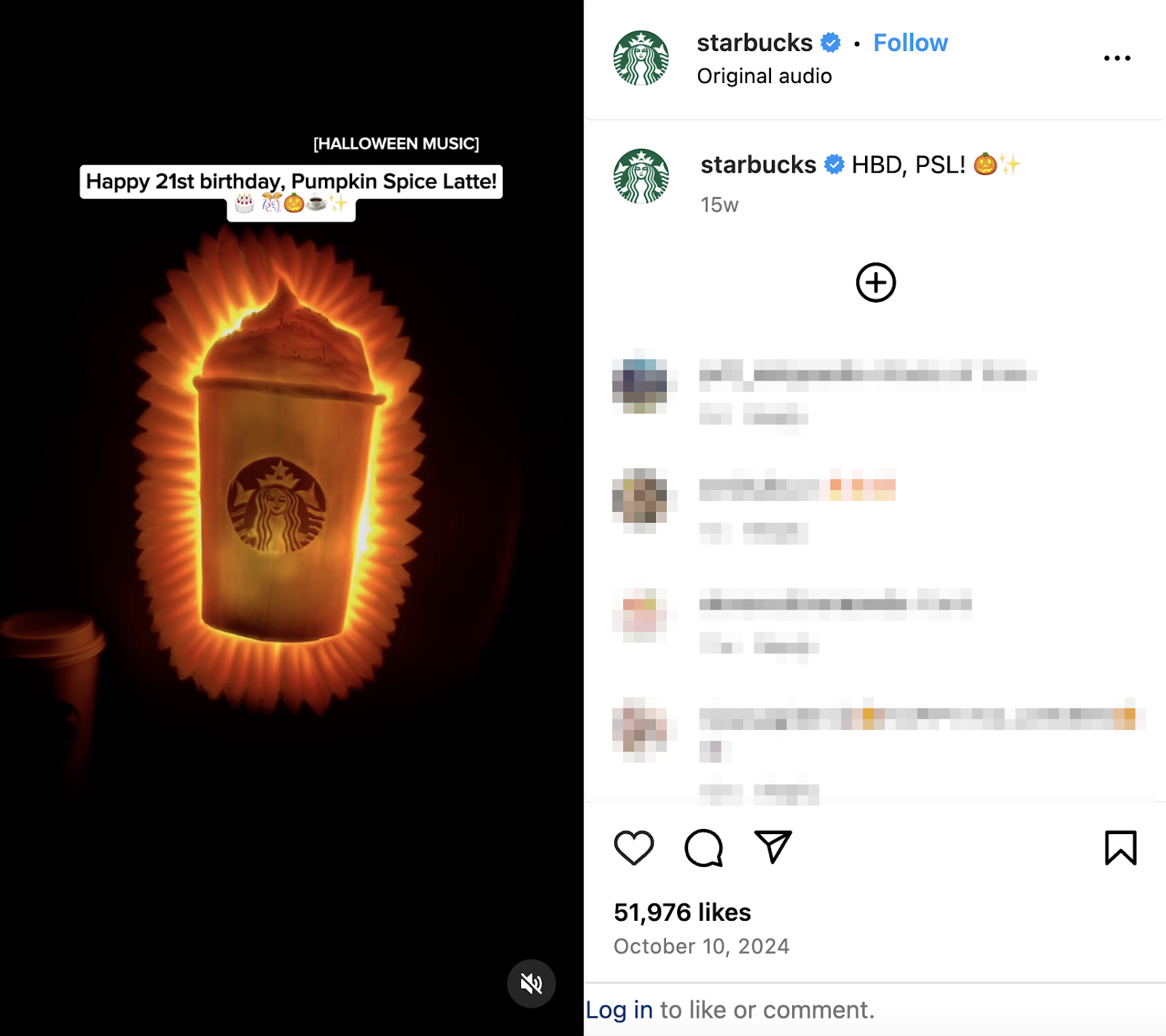 An Instagram reel says, "happy 21st birthday, pumpkin spice latte" with a hand carved, PSL pumpkin.