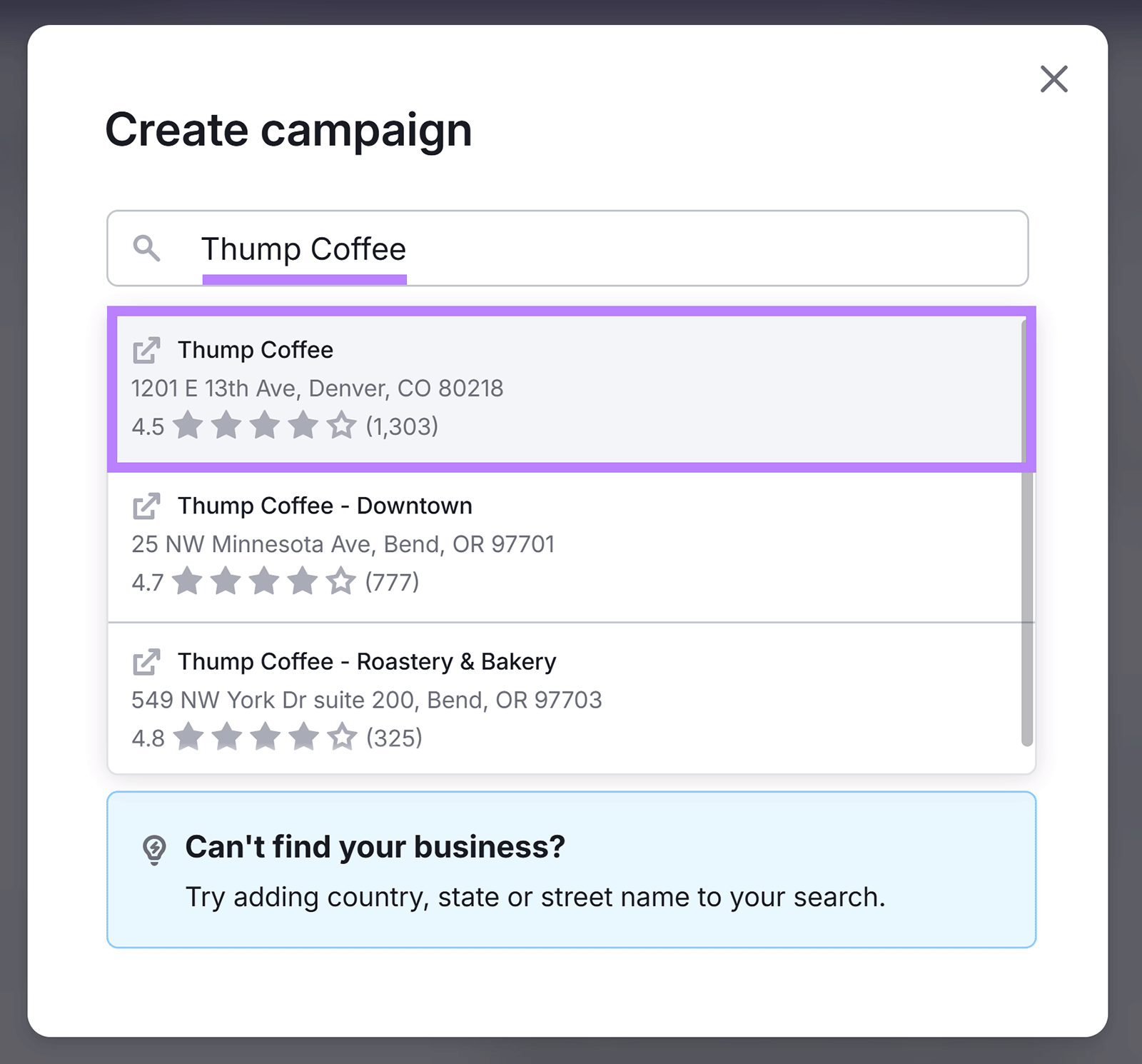 Create campaign modal showing selected business "Thump Coffee" with rating and address.