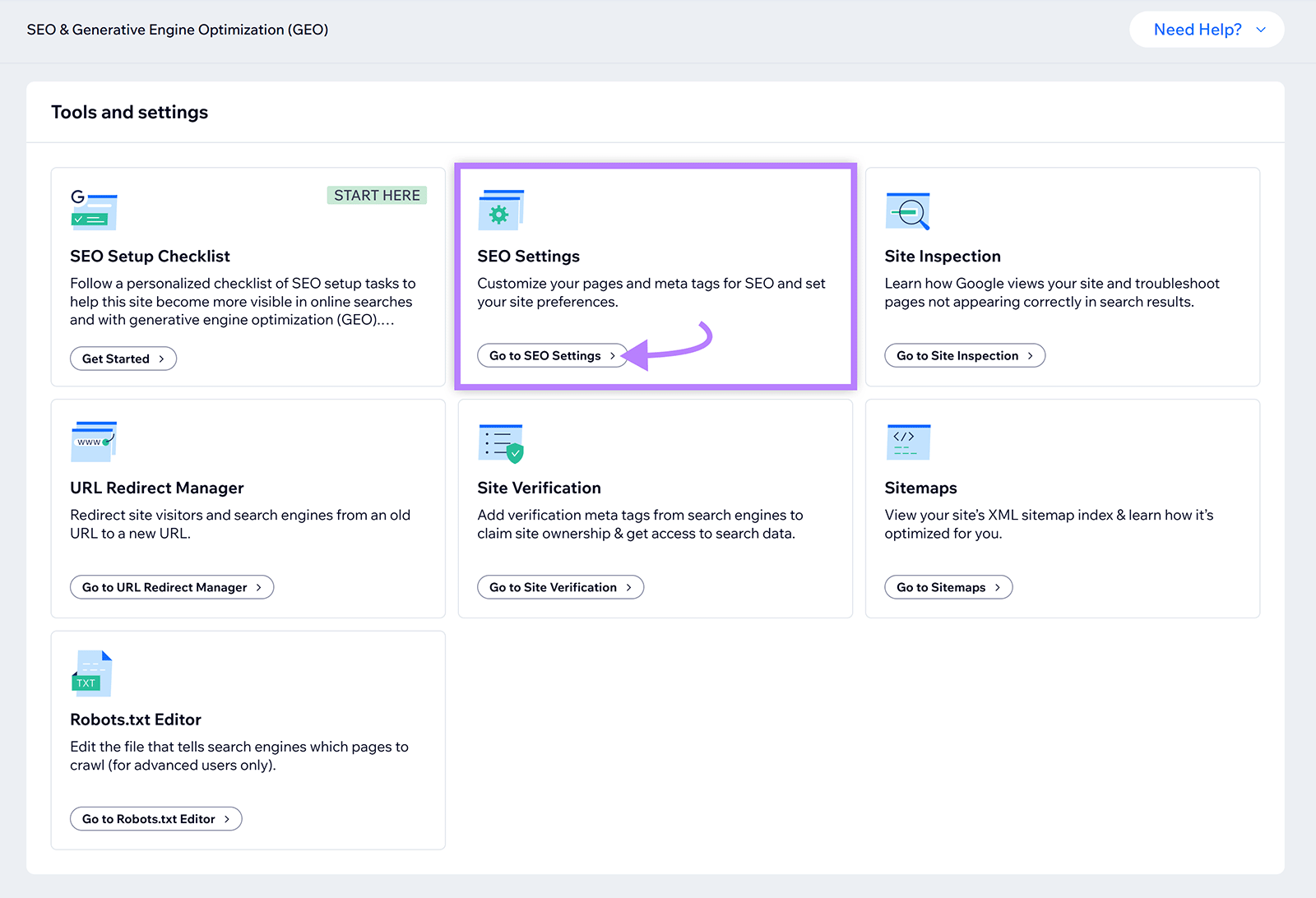 Wix dashboard showing "Tools and settings" for SEO, with a highlighted "Go to SEO Settings" button