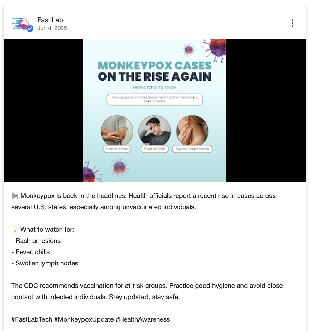 Google Business Profile post by a healthcare business sharing insights about recent developments, like the rise in Monkeypox cases.