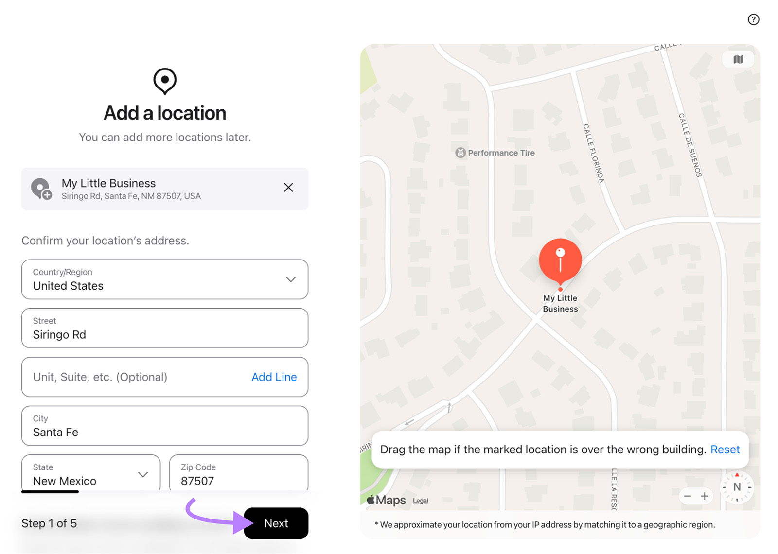 Form to confirm business address with fields for country, street, city, state, and zip code. A map on the right shows a red pin labeled ‘My Little Business.’ A purple arrow points to the Next button