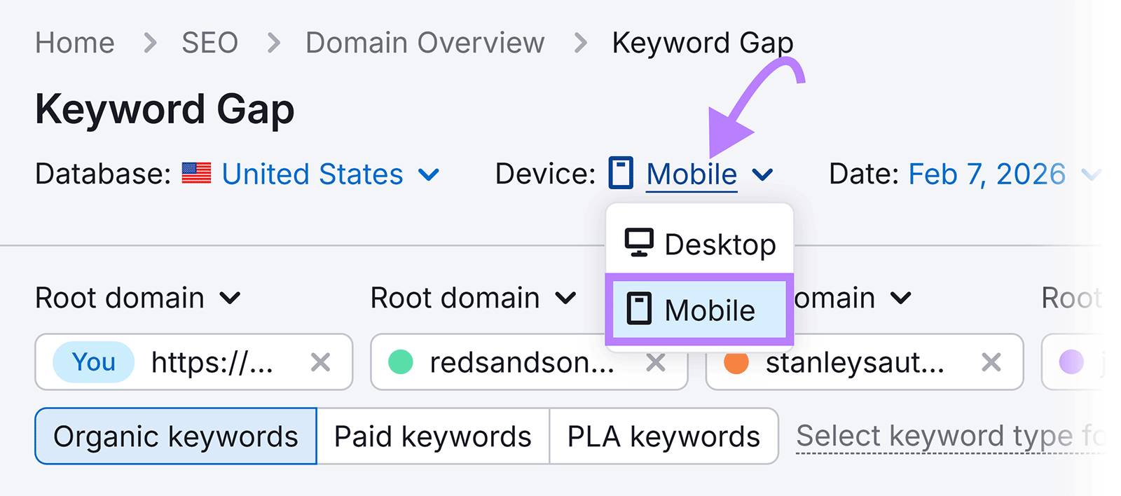 Keyword Gap tool with device type switched to Mobile for keyword comparison.