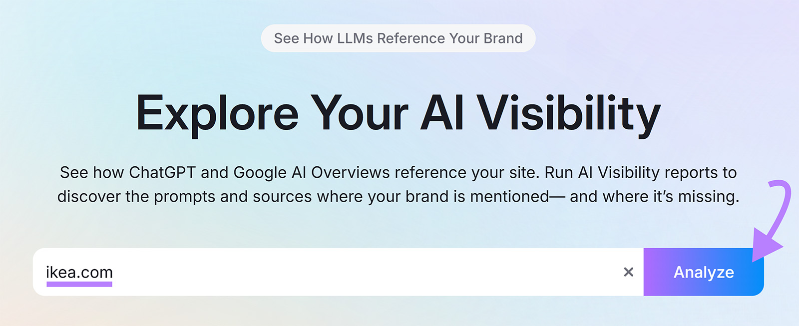 Visibility Overview with ikea.com entered and an arrow pointing to Analyze.