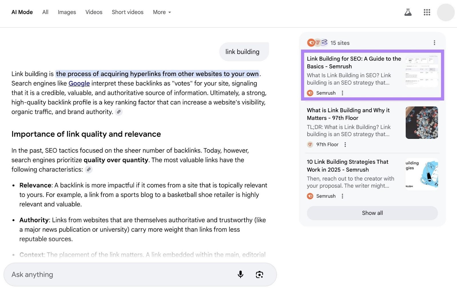 "link building" entered on Google's AI Mode which shows a link building guide by Semrush cited as a source.