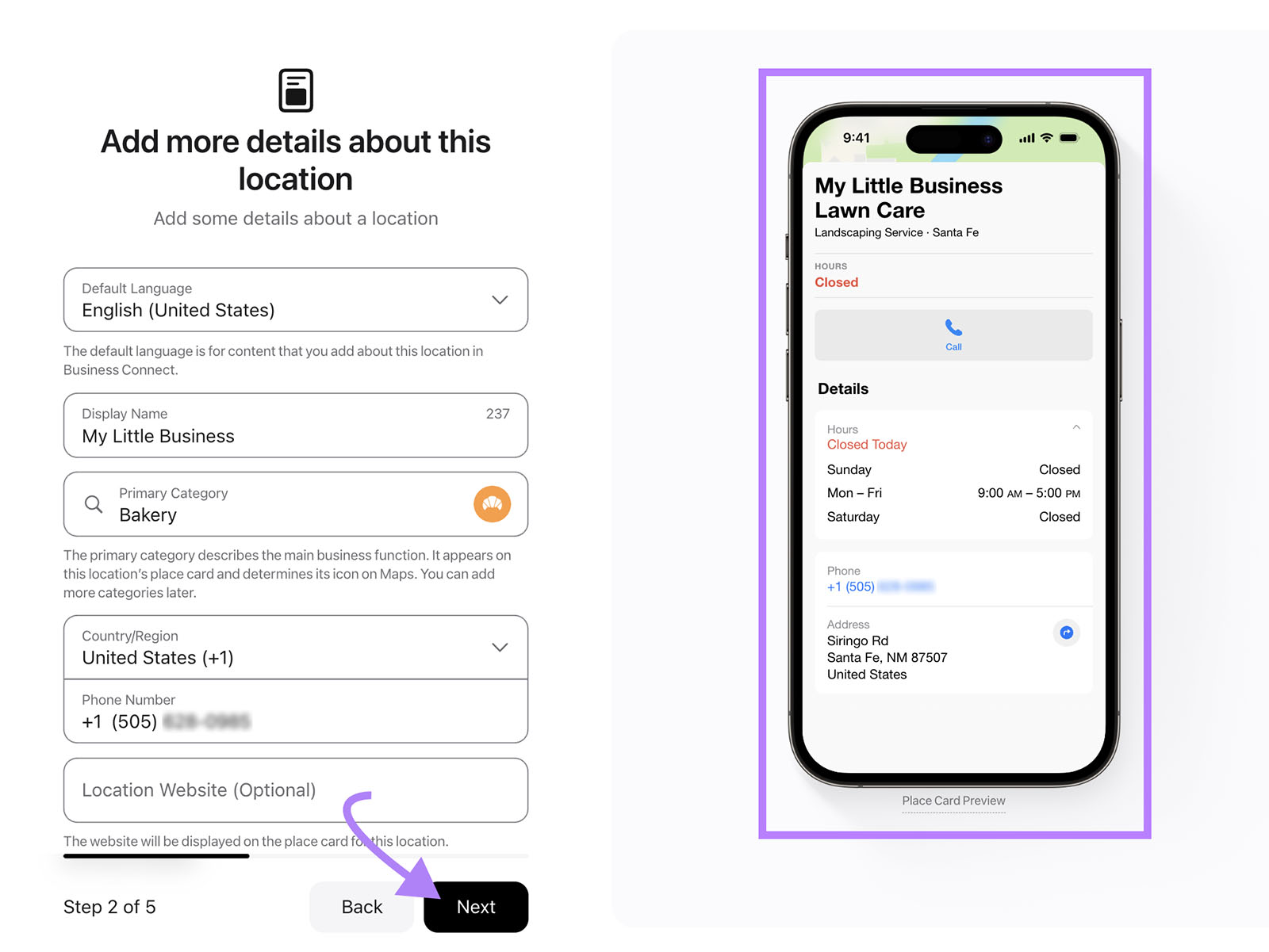 Form with language, name, category, country, phone, and website. Purple arrow points to Next.