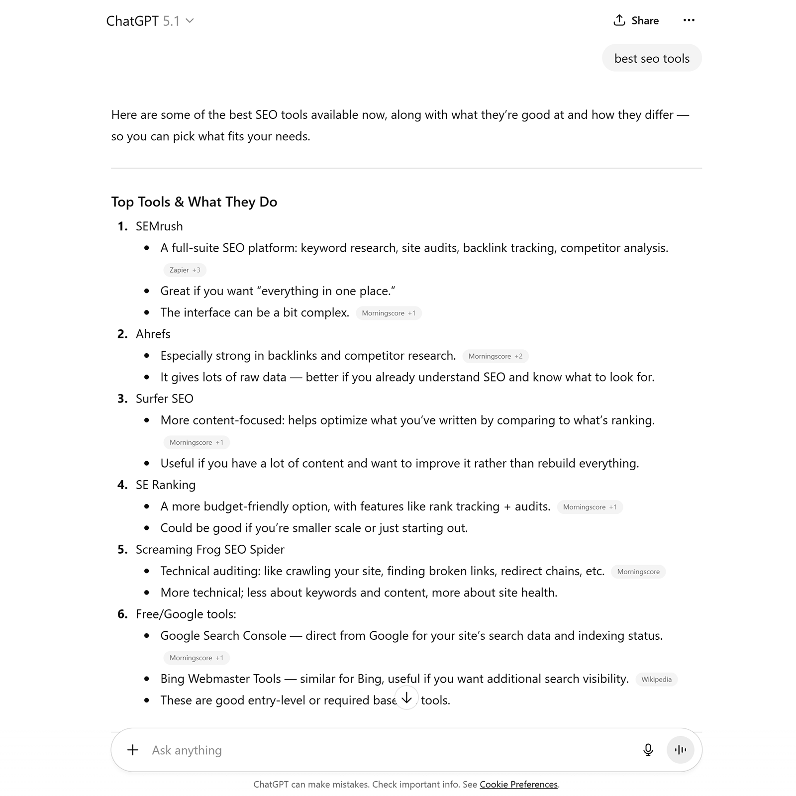 ChatGPT response listing top SEO tools with brief notes under each tool.