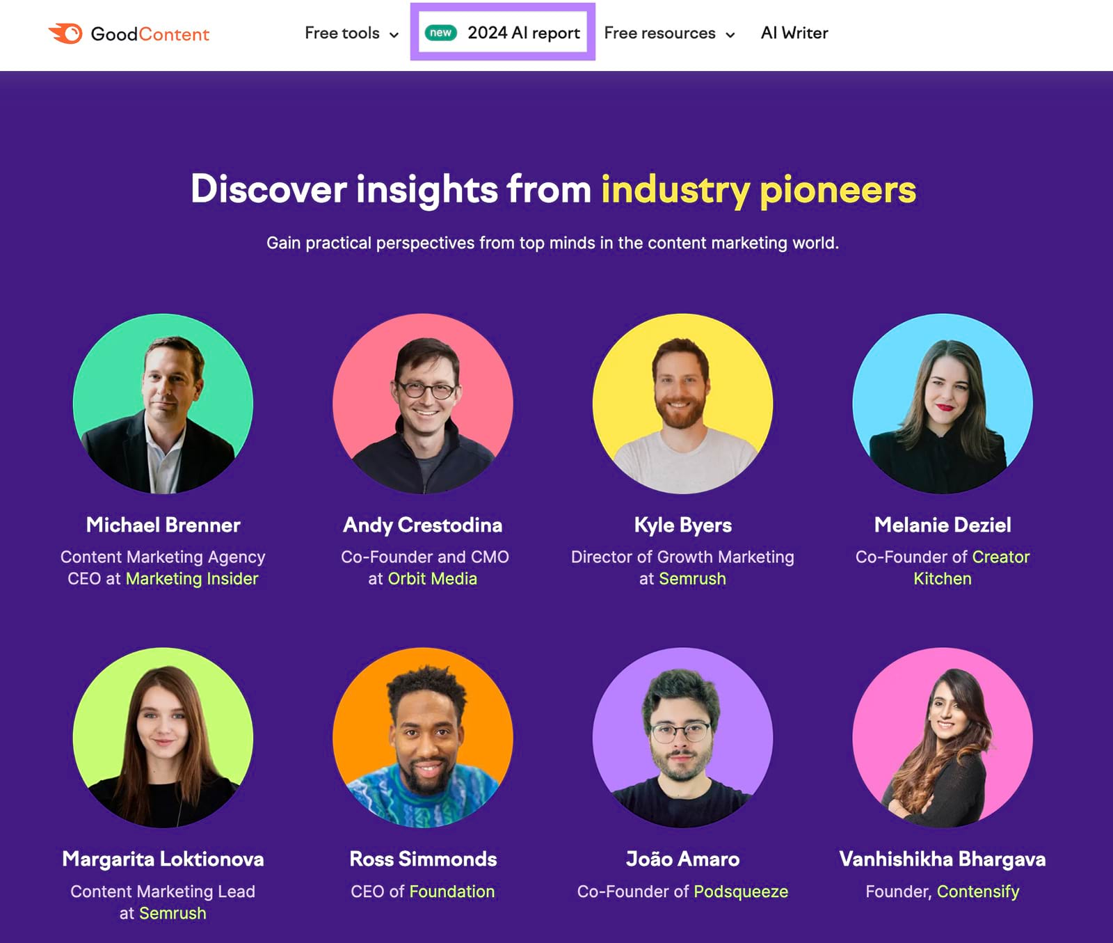 Semrush report page with 'new 2024 AI report' option in header highlighted.