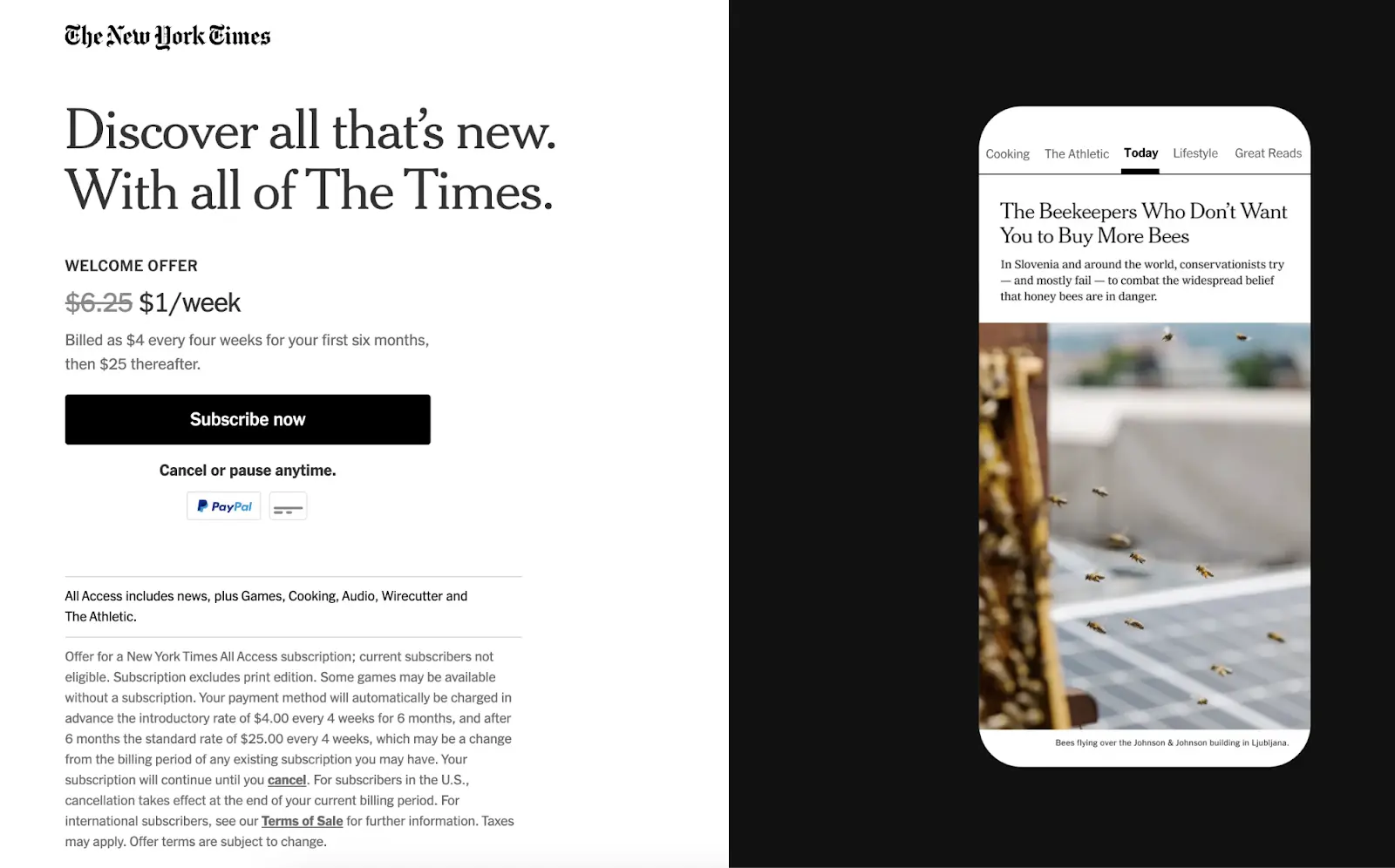 The New York Times subscription landing page that excludes the main navigation menu and footer.