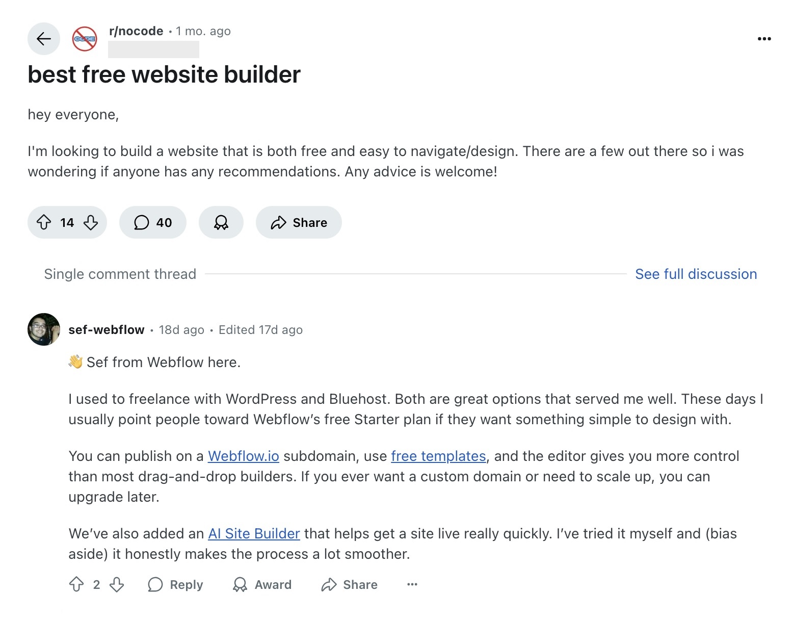 Webflow's support team engaging in the comments on a Reddit post asking for advice on the best free website builder.