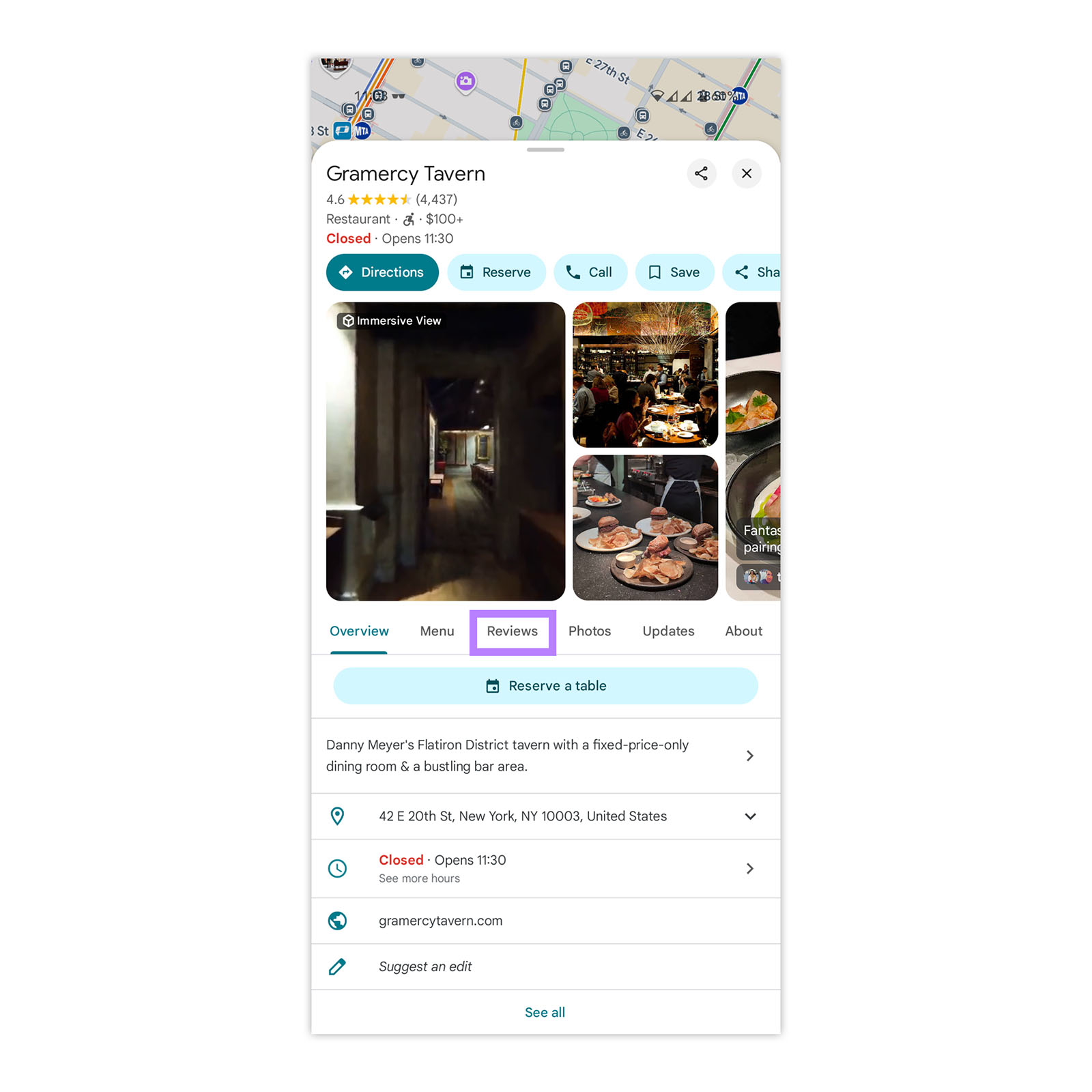 Google Maps business profile for Gramercy Tavern with star rating, photos, directions, and reviews tab highlighted