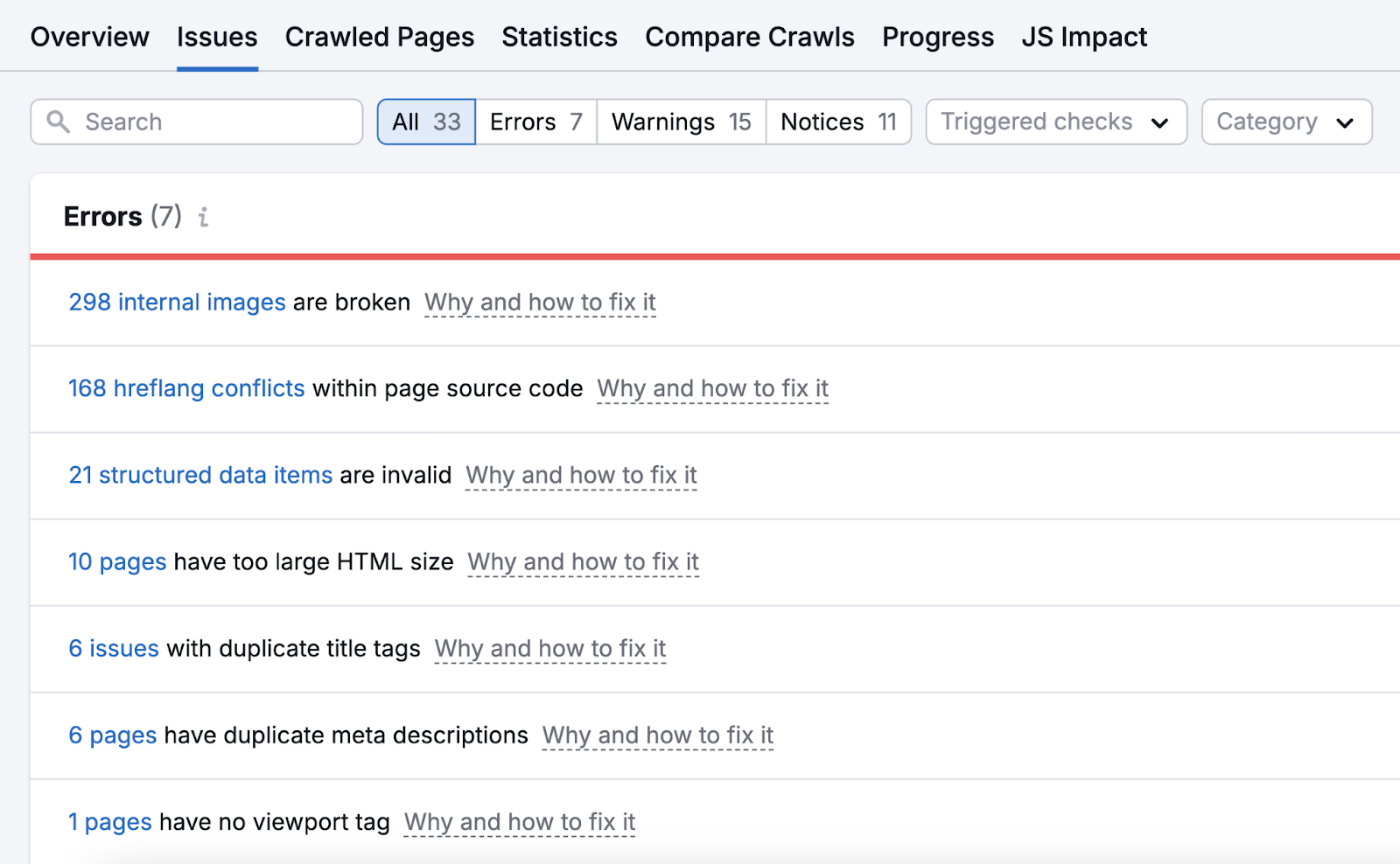 Site issues include broken links, invalid structured data items, hreflang conflicts, and more.