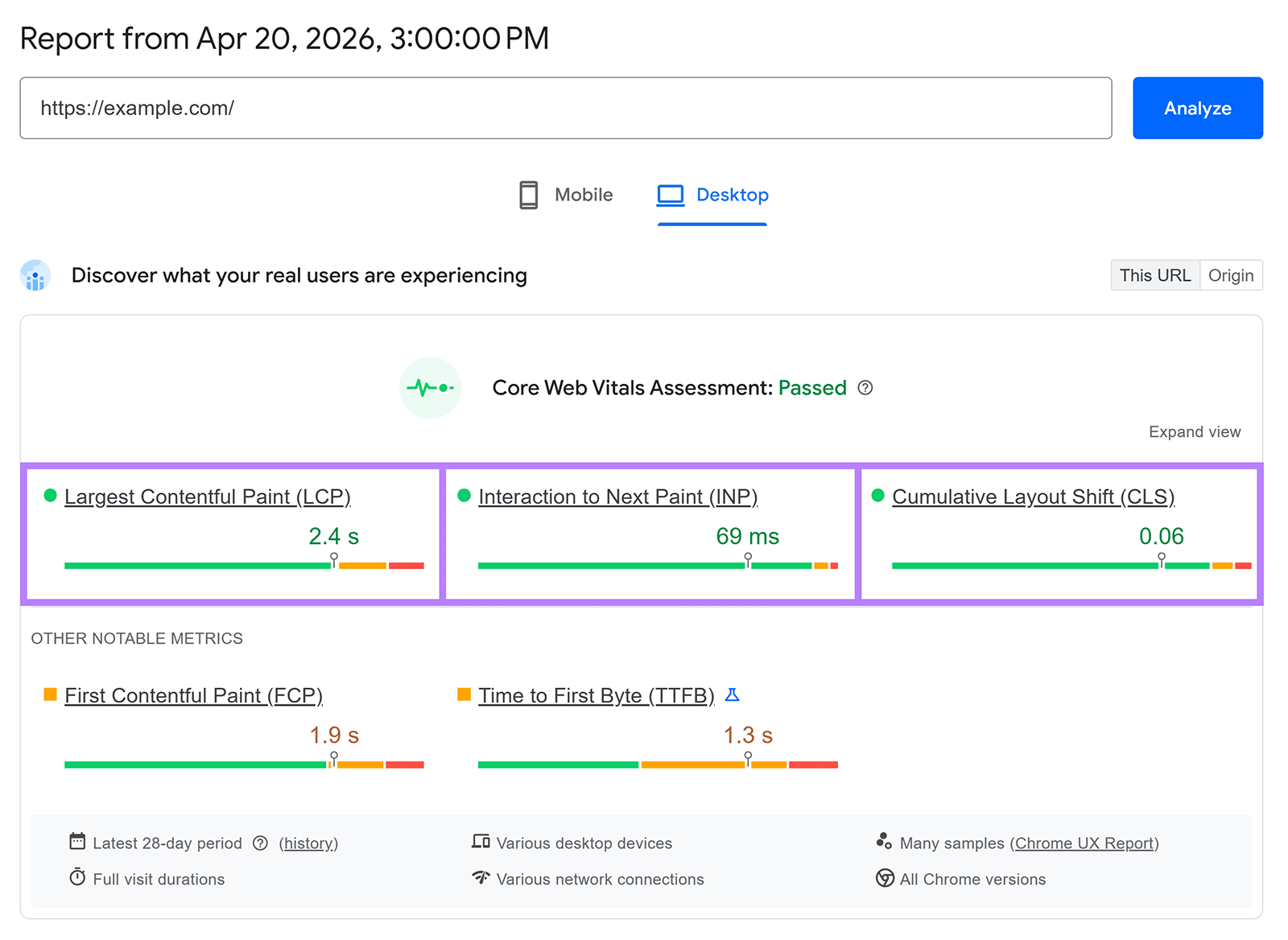 Core Web Vitals report showing LCP, INP, and CLS performance metrics with passing status.