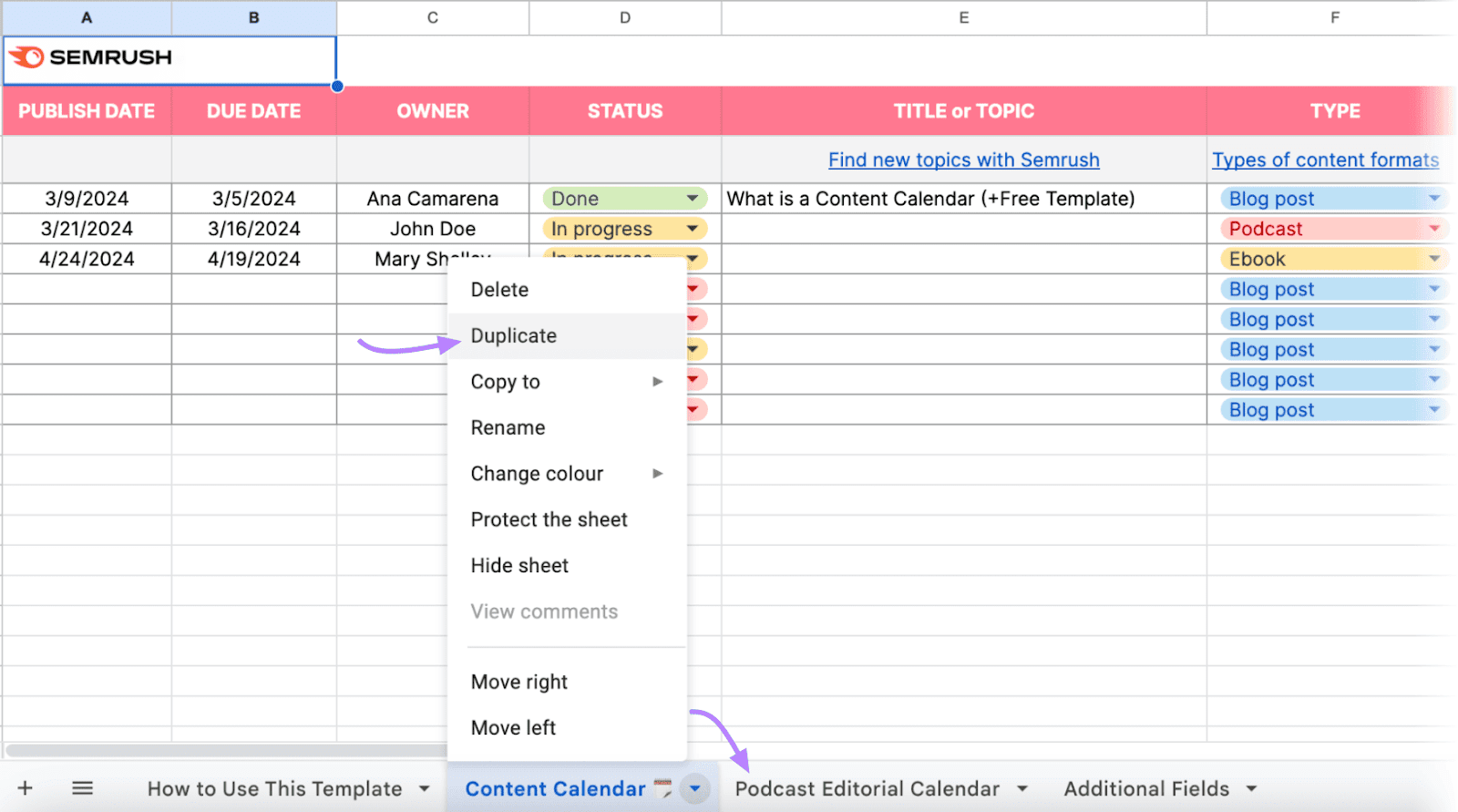 Semrush Editorial Calendar template spreadsheet showing a left-click tab menu with the "Duplicate" option highlighted