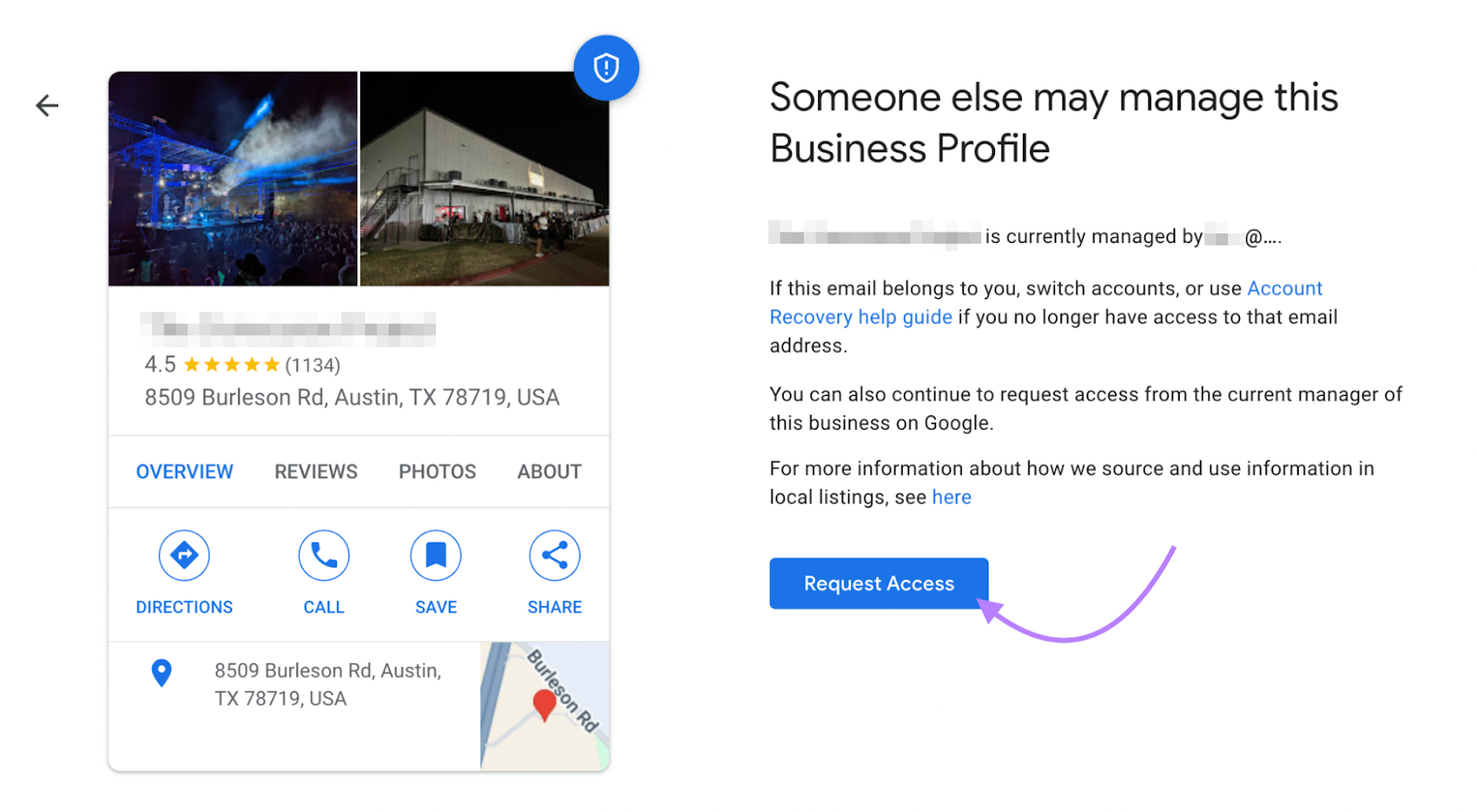 The directory shows the Google Business Profile and a partial email address of who manages the account.