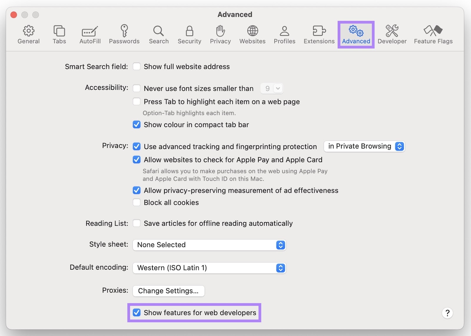 The "Advanced" tab on Safari settings with the “Show features for web developers” box checked.