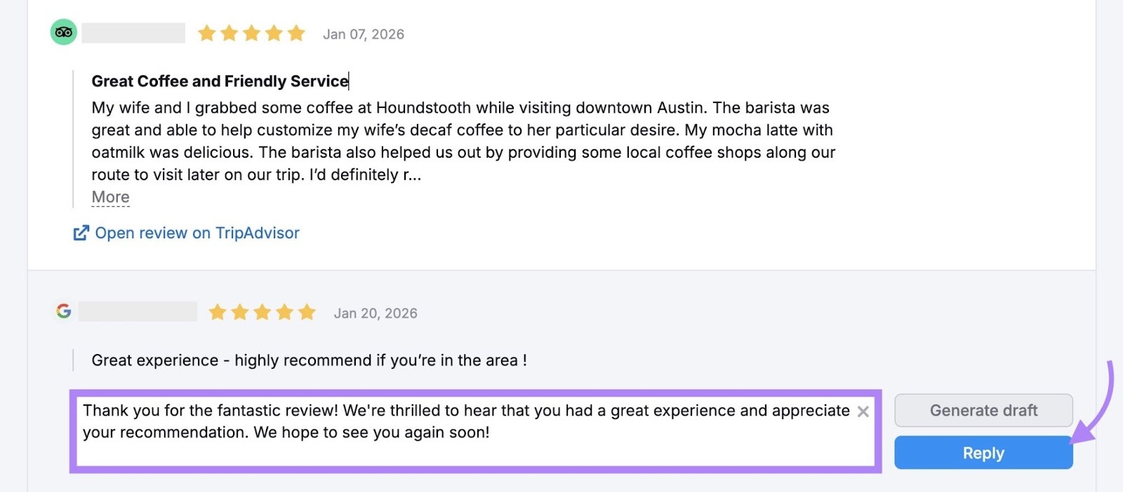Responding a Google review with a draft generated by AI on the Review Management tool.