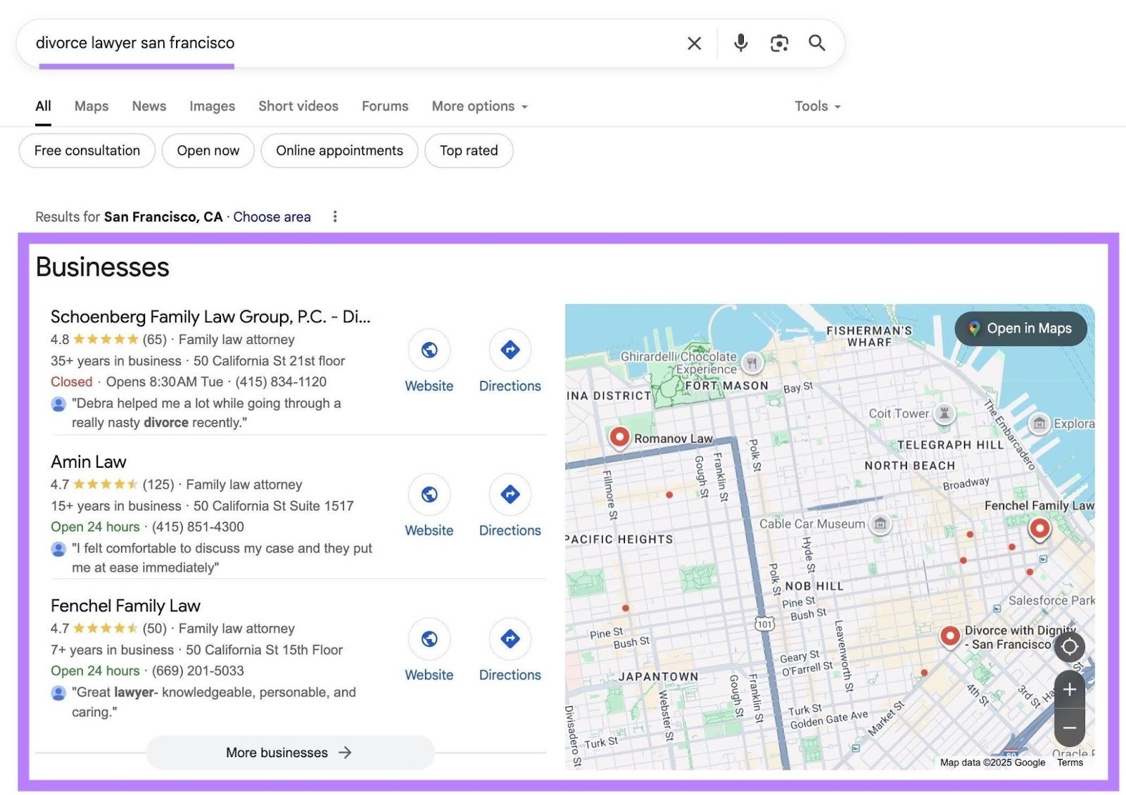 Google SERP for the term "divorce lawyer san francisco" with the local pack highlighted.