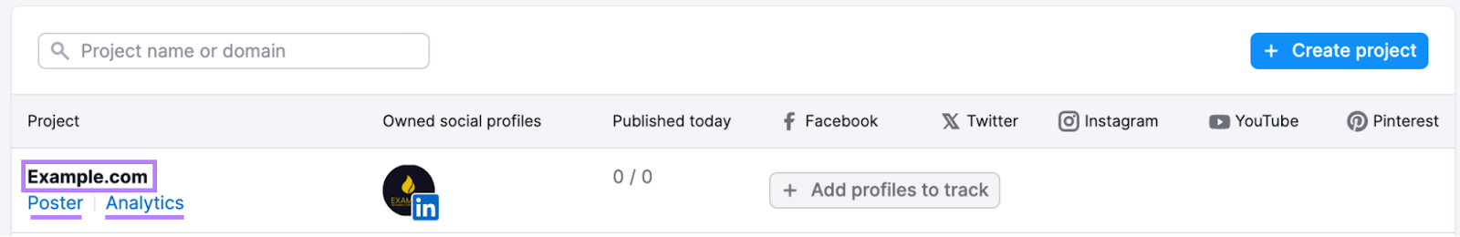 Semrush social dashboard with example.com project listed