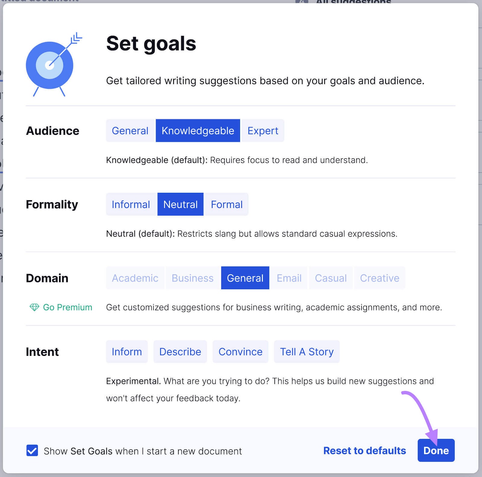 "Set goals" window in Grammarly