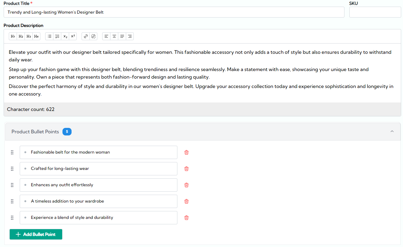 AI copy prompt shows product title, description, and features list.