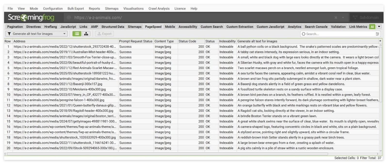 Generating alt text for images at scale using AI on Screaming Frog.