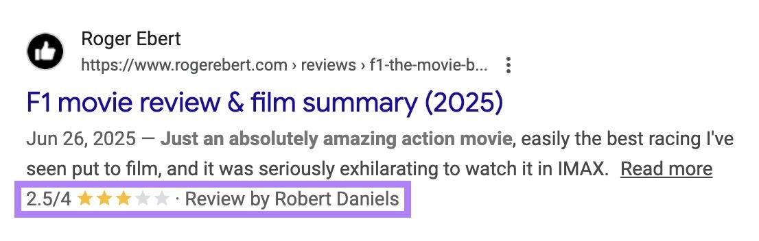 Google SERP for the term "F1 movie review" showing a result with a single rating along with a reviewer's name and a rating.