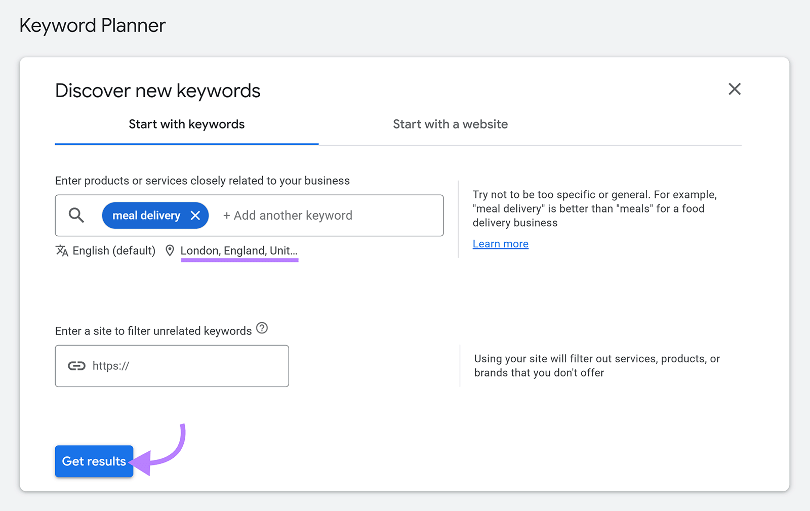 Google Keyword Planner interface with keyword “meal delivery” and location set to London.