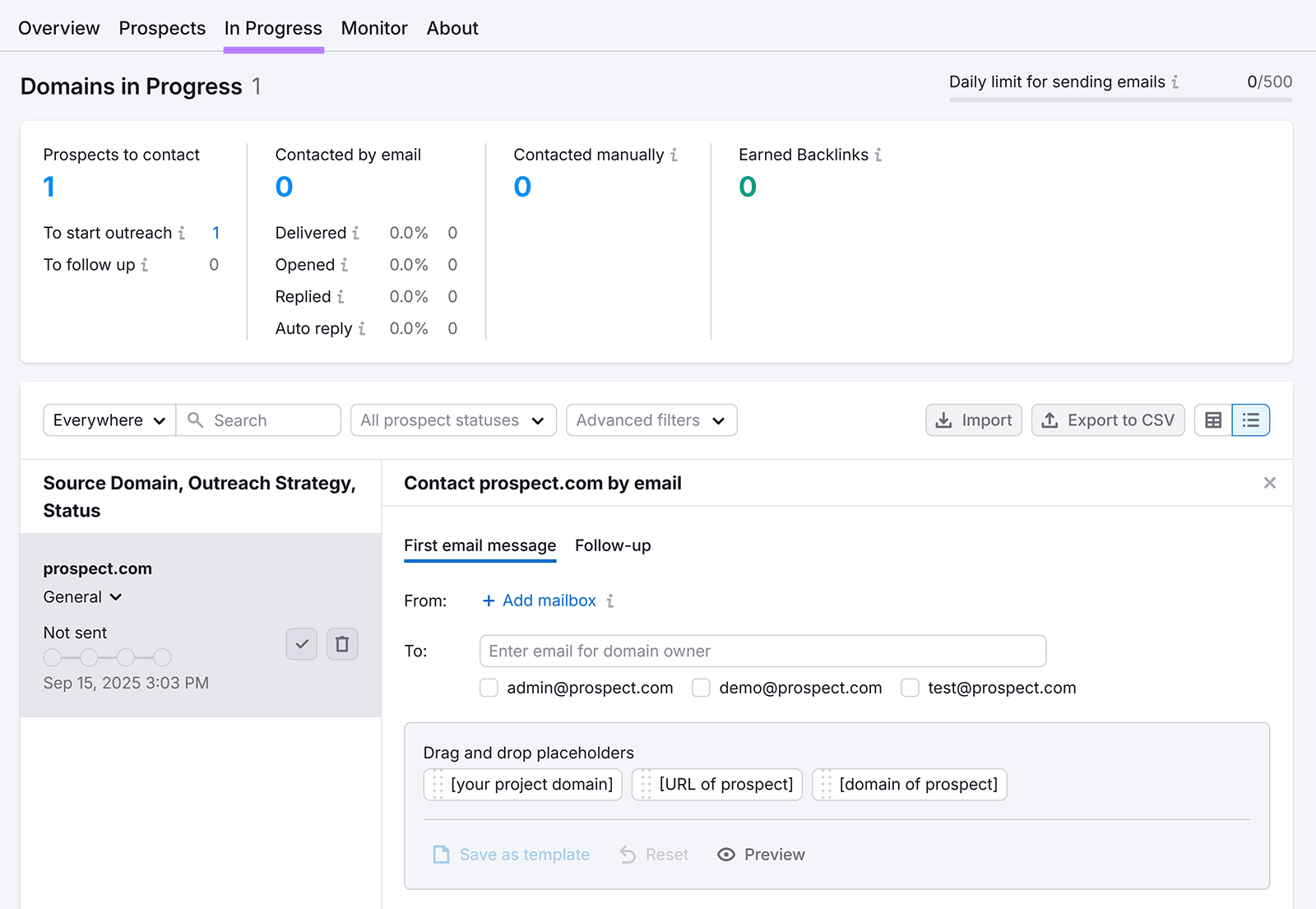 Outreach progress view showing one prospect with email draft and contact placeholders.