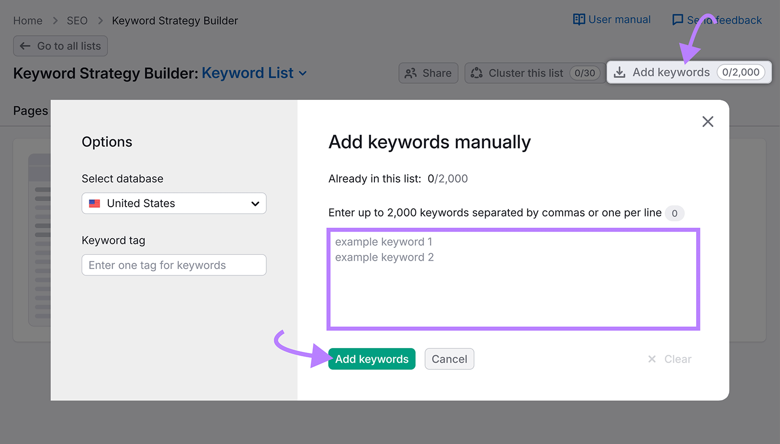 Semrush Keyword Strategy Builder window for manually adding keywords to a list