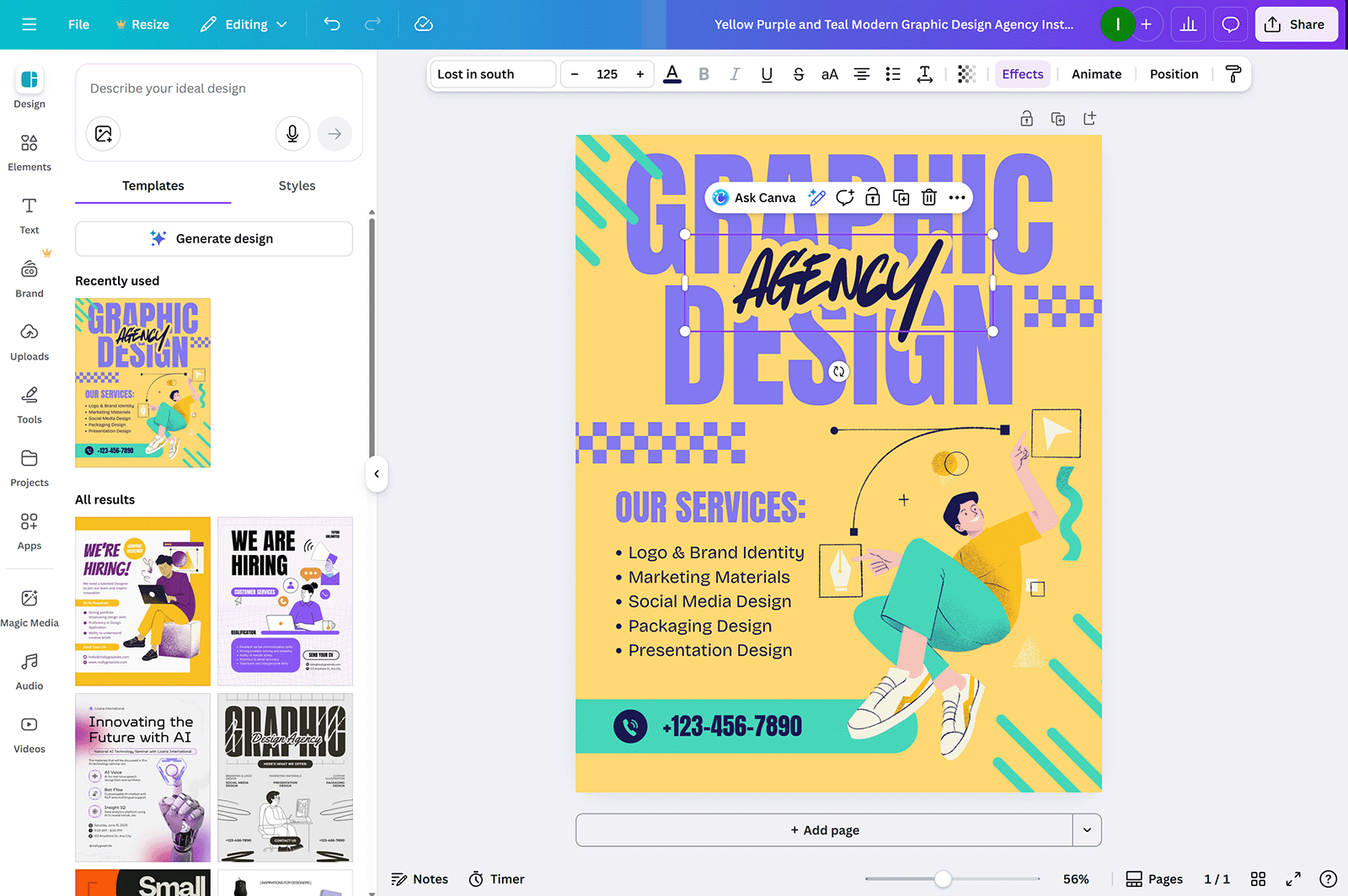 Canva editor showing a graphic design canvas with text, illustrations, and layout tools for marketing visuals.
