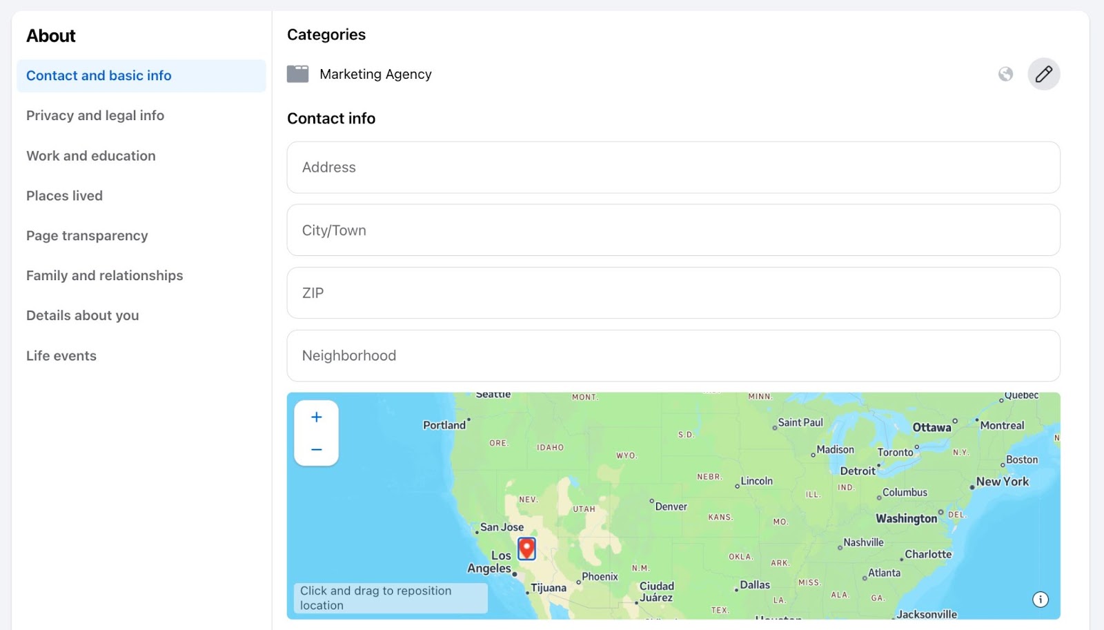 The "Page details" window on Facebook with options to edit the address, business hours, phone number, category, etc.