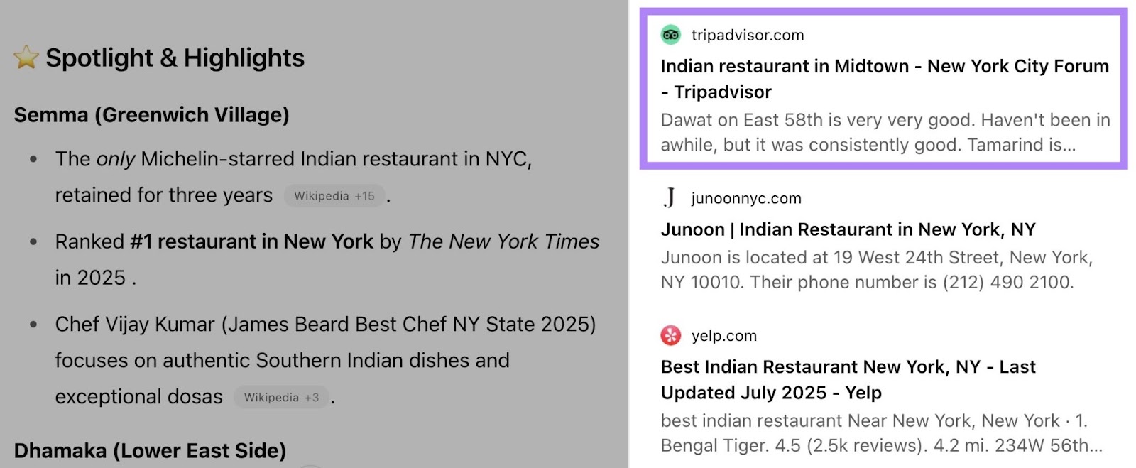ChatGPT results for “best Indian restaurants in New York” listing Tripadvisor as one of the sources.