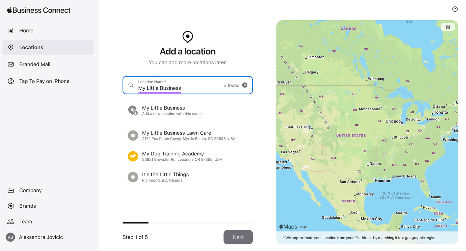 Search page with ‘My Little Business’ highlighted to add a new location. A map of the US is shown on the right.