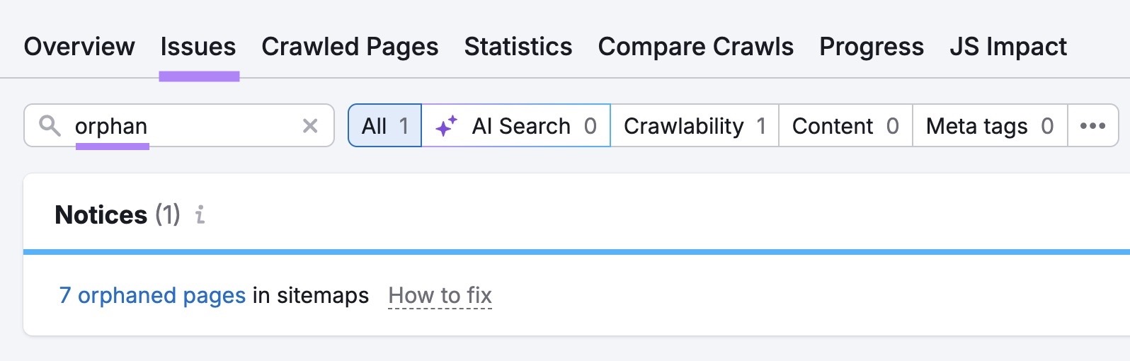 The "Issues" tab on Site Audit with "orphan" entered showing a list of related issues.