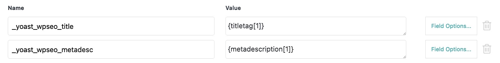 "See Detected Fields" on Yoast SEO showi columns for name and value.