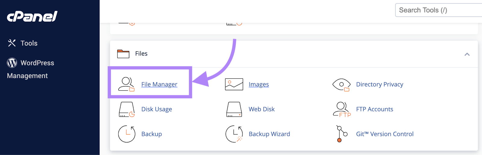 File manager option is highlighted.