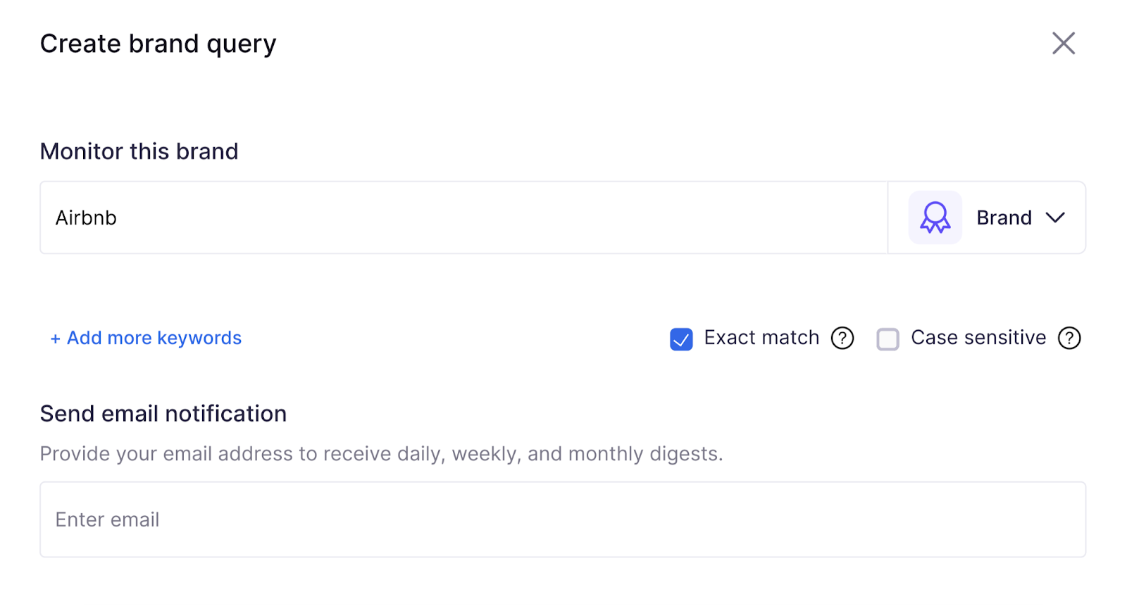 enter company name and email address to Brand Monitoring app