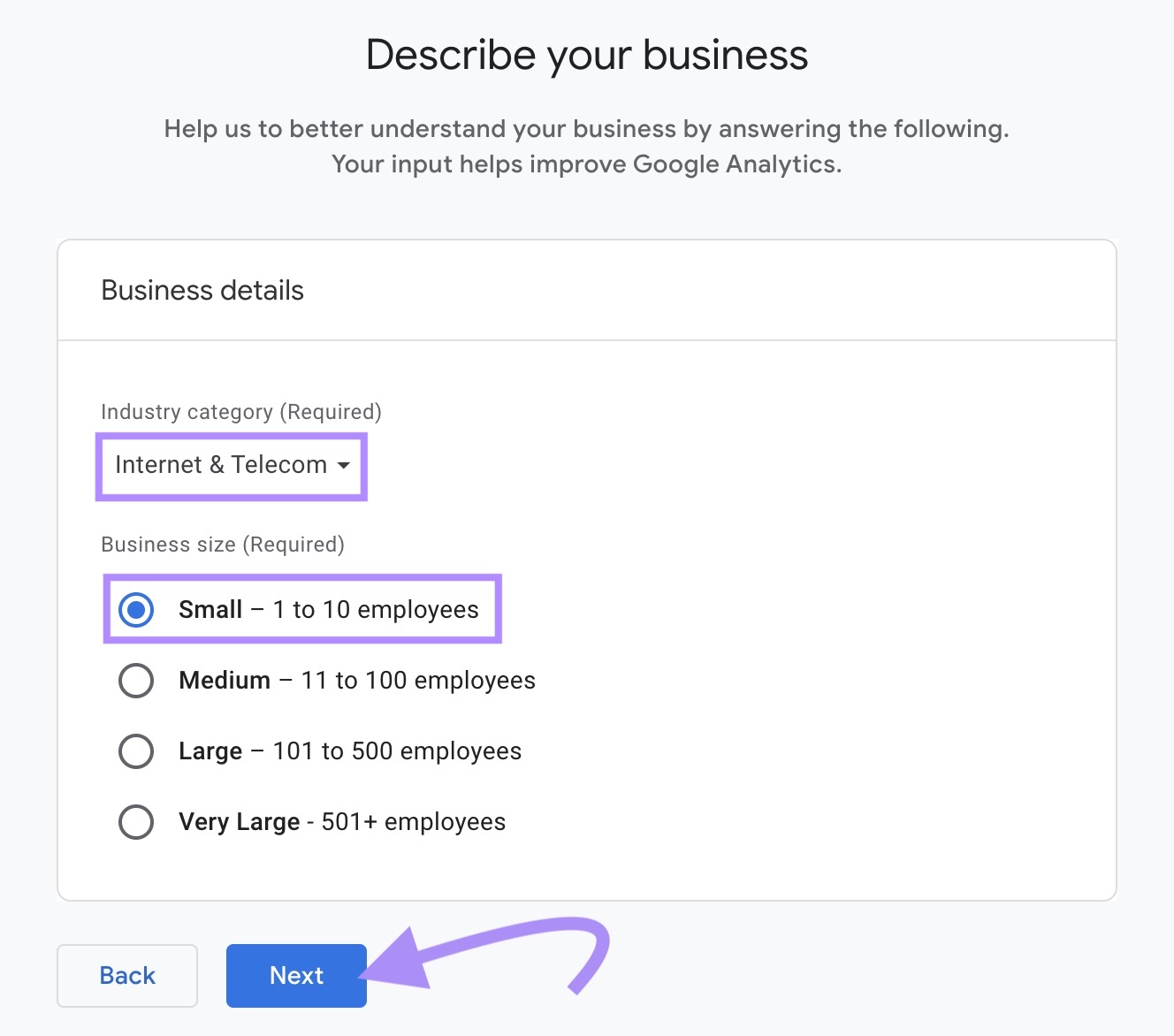 "Internet & Telecom" selected under "Industry category" field and "Small - 1 to 10 employees" option selected under "Business size" field