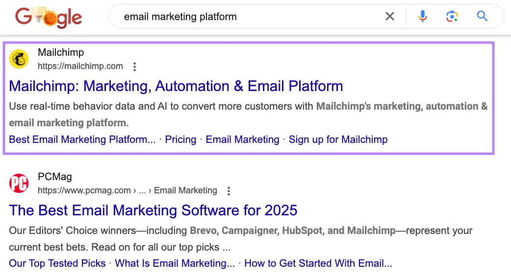 Google search results for email marketing platform showing Mailchimp top result